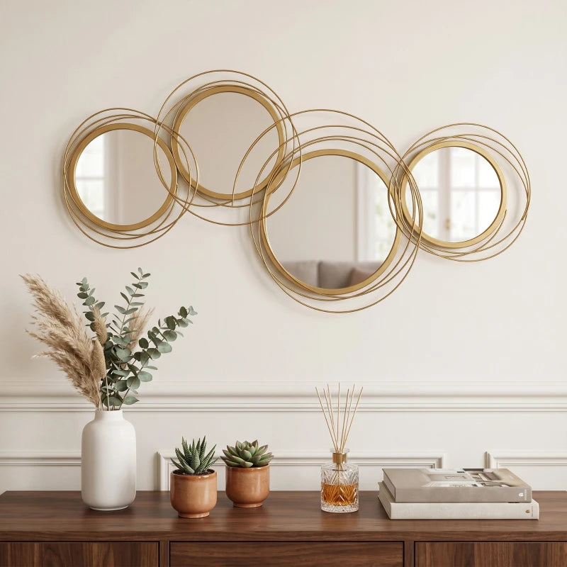 Decorazione Murale 3D in Metallo con Cerchi e Specchi Oro
