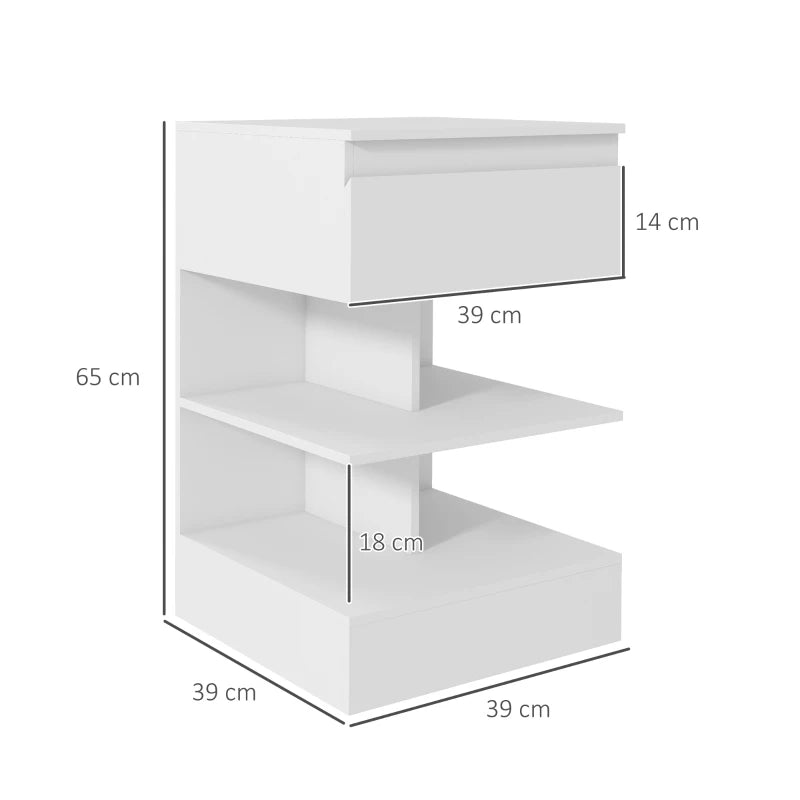 Comodino Moderno Bianco con Cassetto e 2 Ripiani