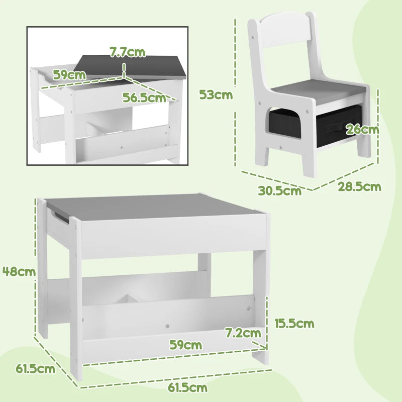 Set Tavolino per Bambini con 2 Sedie, Lavagna 2 in 1 e Contenitori