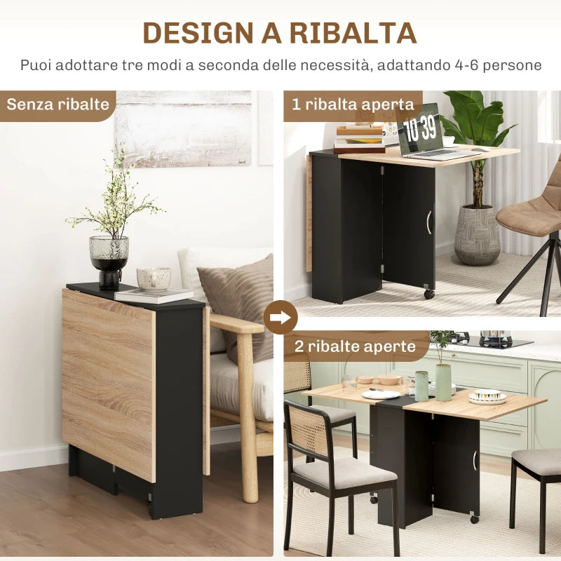 Tavolo Consolle Pieghevole con Ruote e Ripiani per 4-6 Persone Rovere e Nero