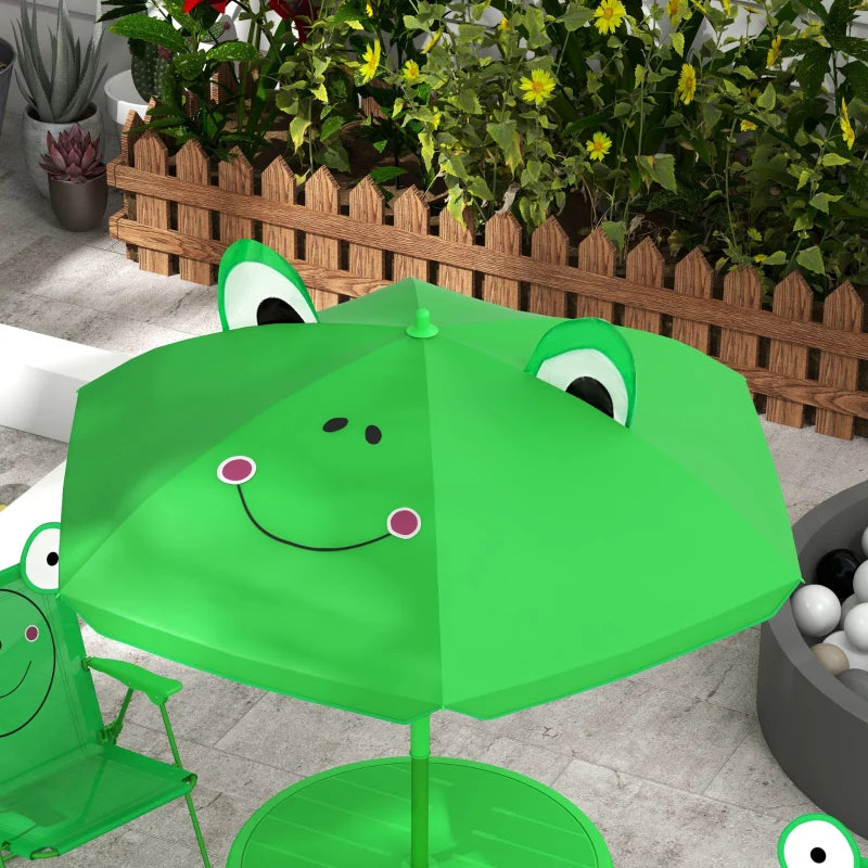 Set Tavolo da Giardino per Bambini con 2 Sedie Pieghevoli e Ombrellone Verde