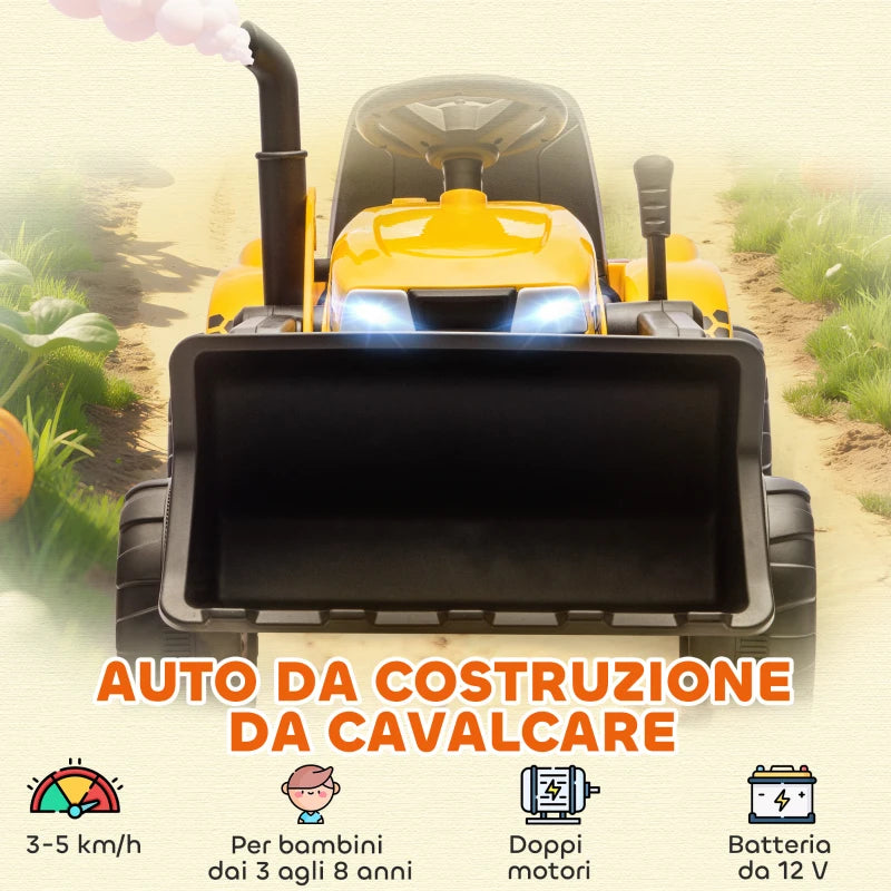 Escavatore Elettrico 12V per Bambini con Benna, Rimorchio, Telecomando e Luci LED