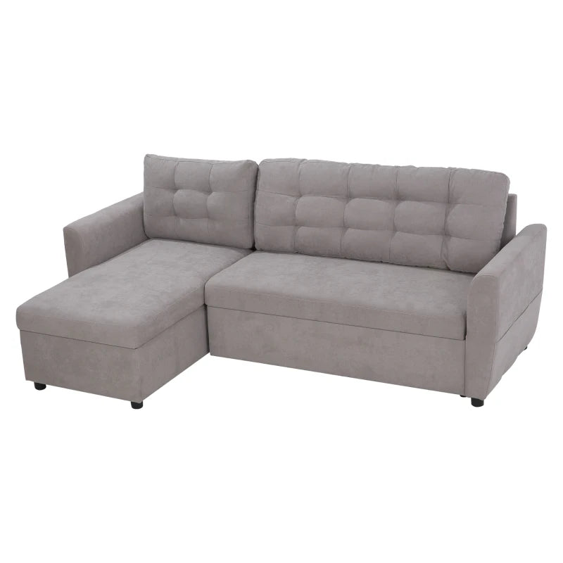 Divano Letto Angolare 3 Posti con Chaise Longue Contenitore in Tessuto Effetto Lino Grigio