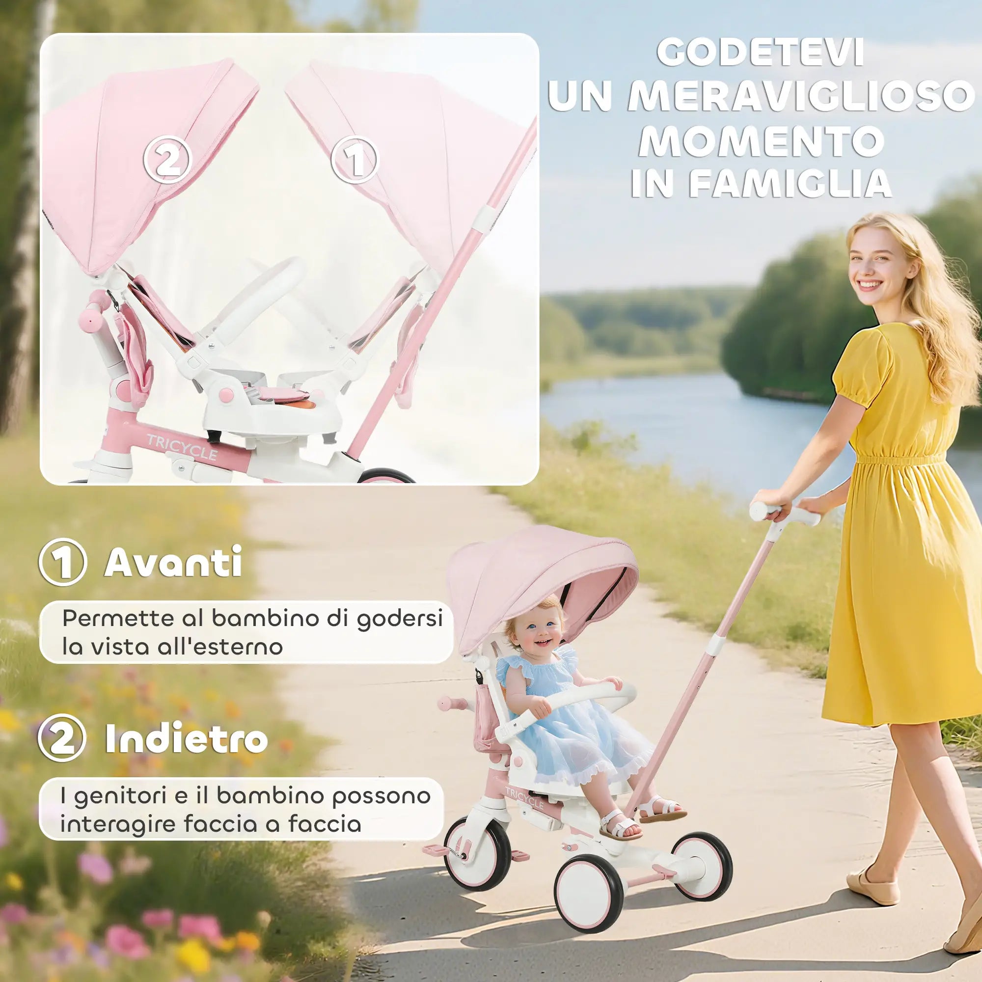 Triciclo 5 in 1 per Bambini con Maniglione di Spinta, Tettuccio Parasole e Seduta Regolabile
