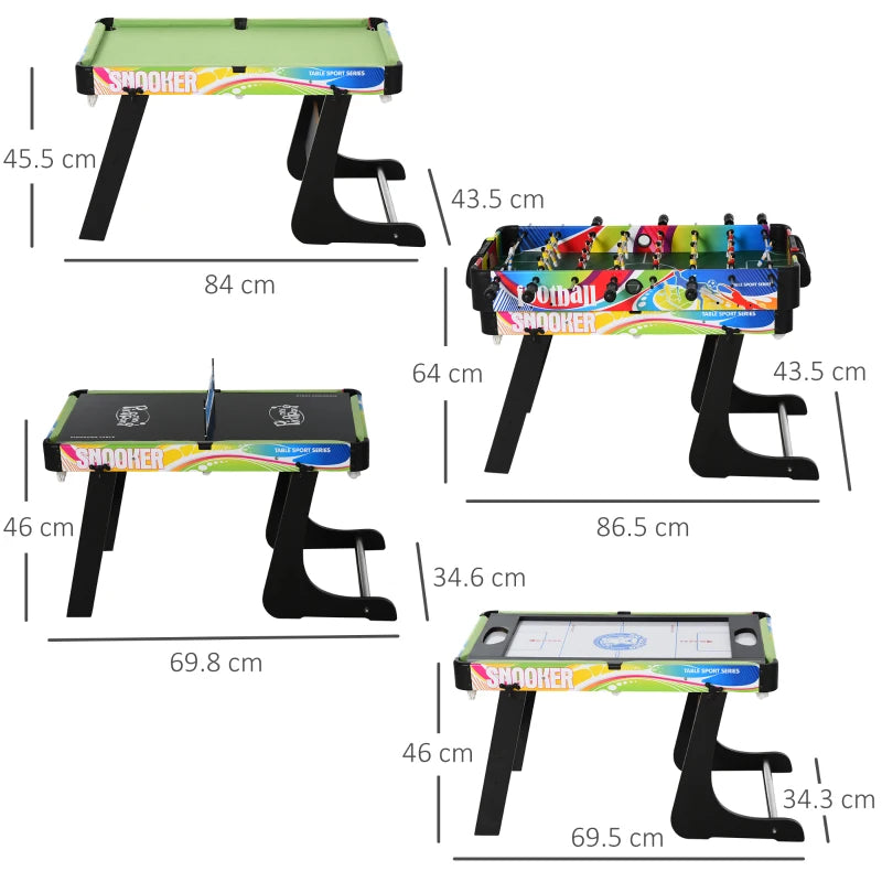 Tavolo Multigioco Pieghevole 4 in 1 con Biliardo, Calcio Balilla, Ping Pong e Air Hockey