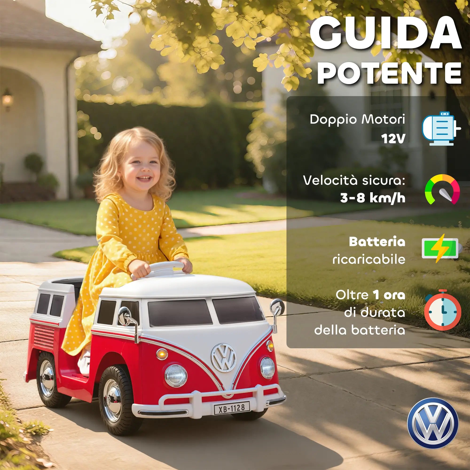 Auto Elettrica Volkswagen T1 per Bambini 6V con Telecomando, Luci LED e Musica