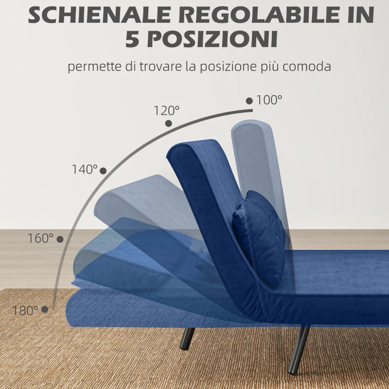 Divano Letto 3 in 1 in Tessuto Effetto Velluto con Schienale Regolabile Blu