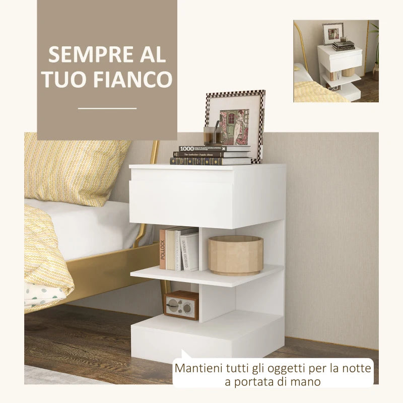 Comodino Moderno Bianco con Cassetto e 2 Ripiani