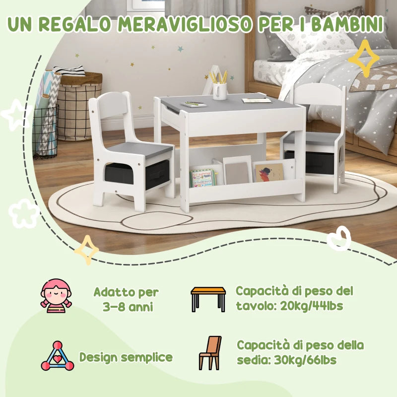 Set Tavolino per Bambini con 2 Sedie, Lavagna 2 in 1 e Contenitori