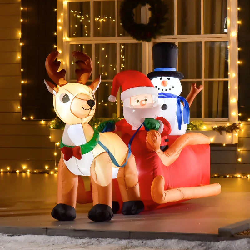 Babbo Natale Gonfiabile con Slitta, Renna e Pupazzo di Neve