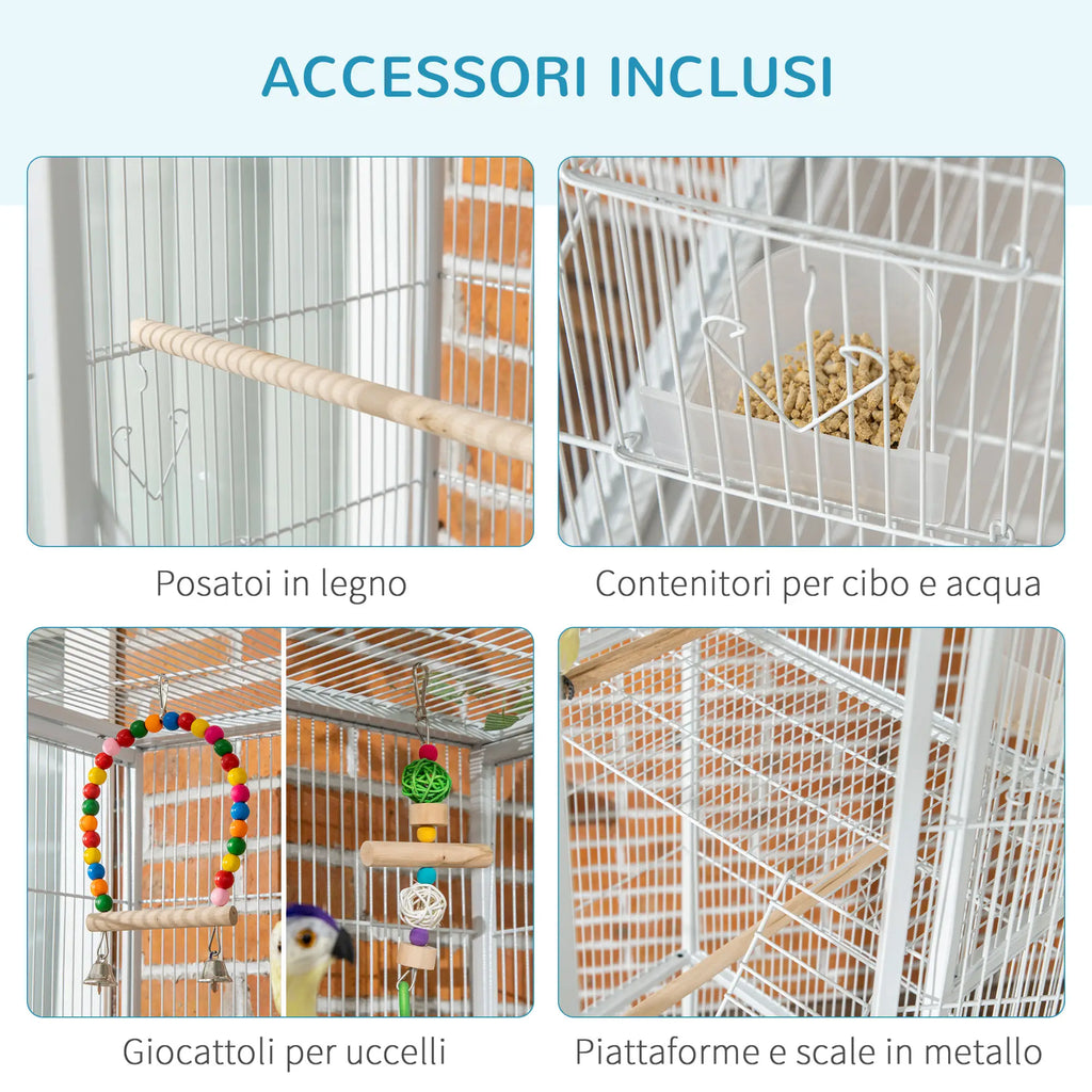 Gabbia per Uccelli Bianca con Posatoi e Giochi