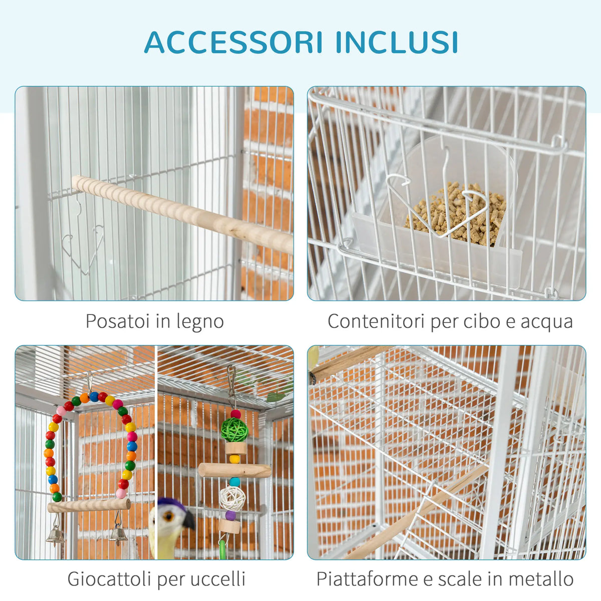 Gabbia per Uccelli Bianca con Posatoi e Giochi