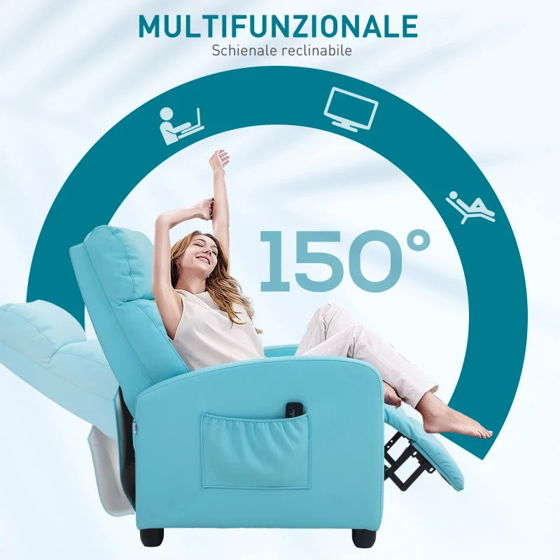 Poltrona Relax Massaggiante Reclinabile con 8 Programmi e Telecomando Azzurra