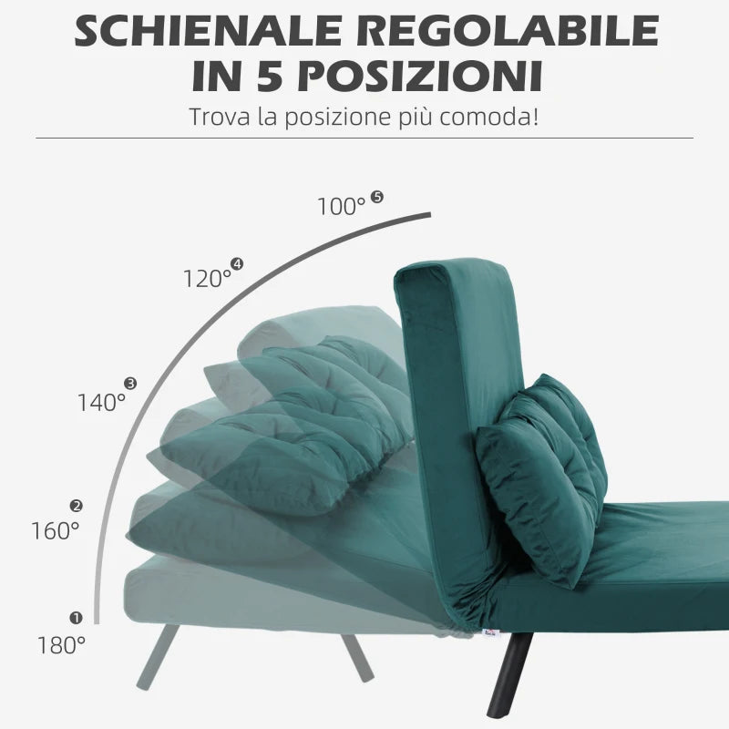 Divano Letto Matrimoniale 3 in 1 in Tessuto Effetto Velluto Verde con Schienale Regolabile