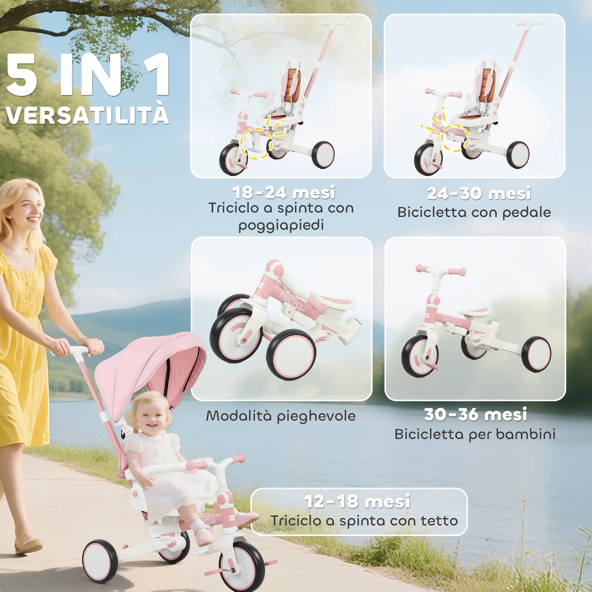 Triciclo 5 in 1 per Bambini con Maniglione di Spinta, Tettuccio Parasole e Seduta Regolabile