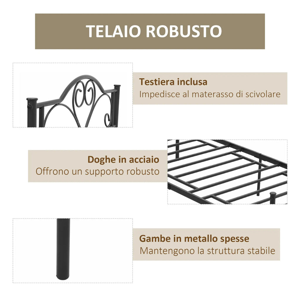 Struttura Letto Singolo 90x200 cm in Acciaio con Testiera, Pediera e Doghe Integrate