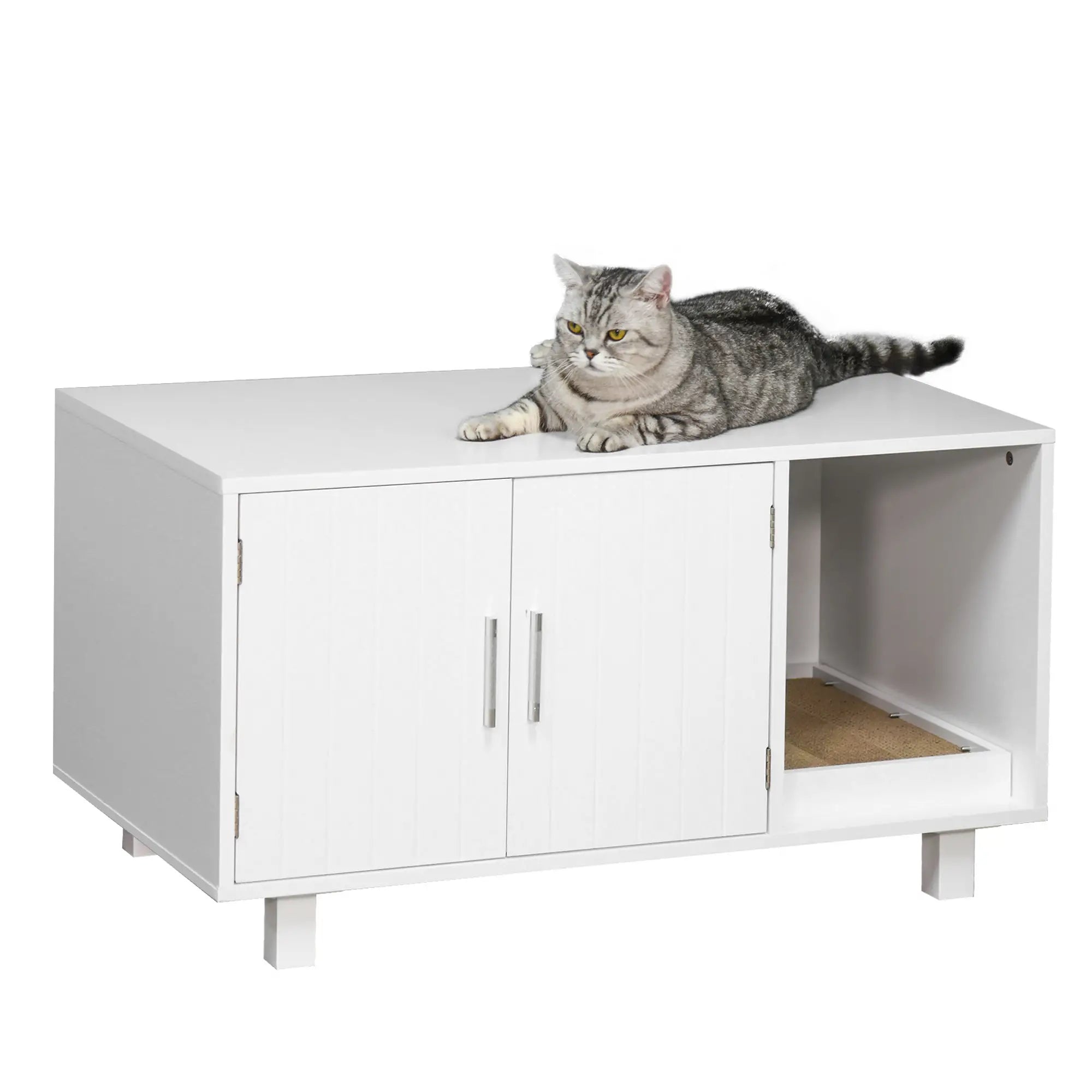 Mobile per Lettiera Gatti in Legno con 2 Ante e Apertura Laterale con Tiragraffi, Bianco