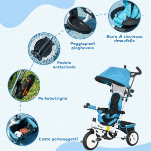 Triciclo Evolutivo 6 in 1 per Bambini con Maniglione di Spinta, Tettuccio Parasole e Cintura di Sicurezza