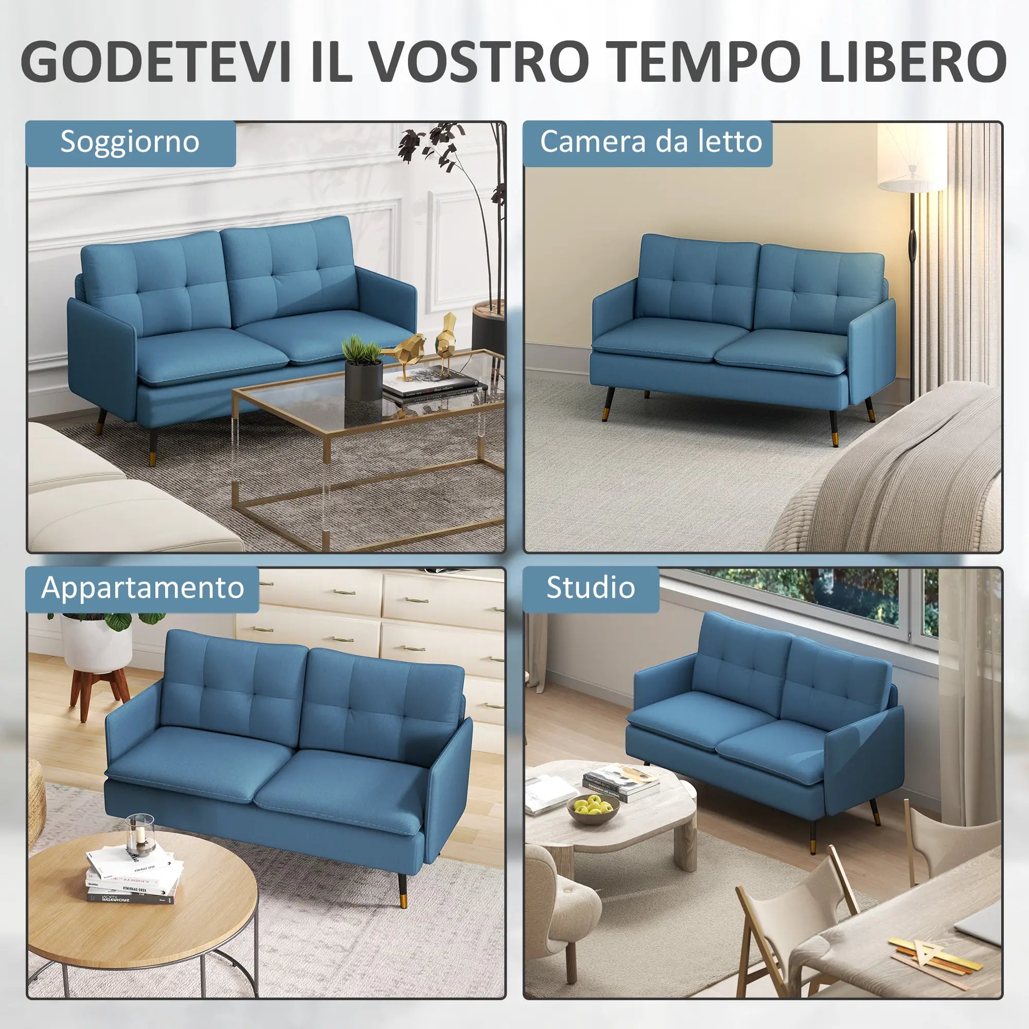 Divano 2 Posti in Tessuto Blu Scuro con Cuscini Imbottiti e Gambe in Acciaio