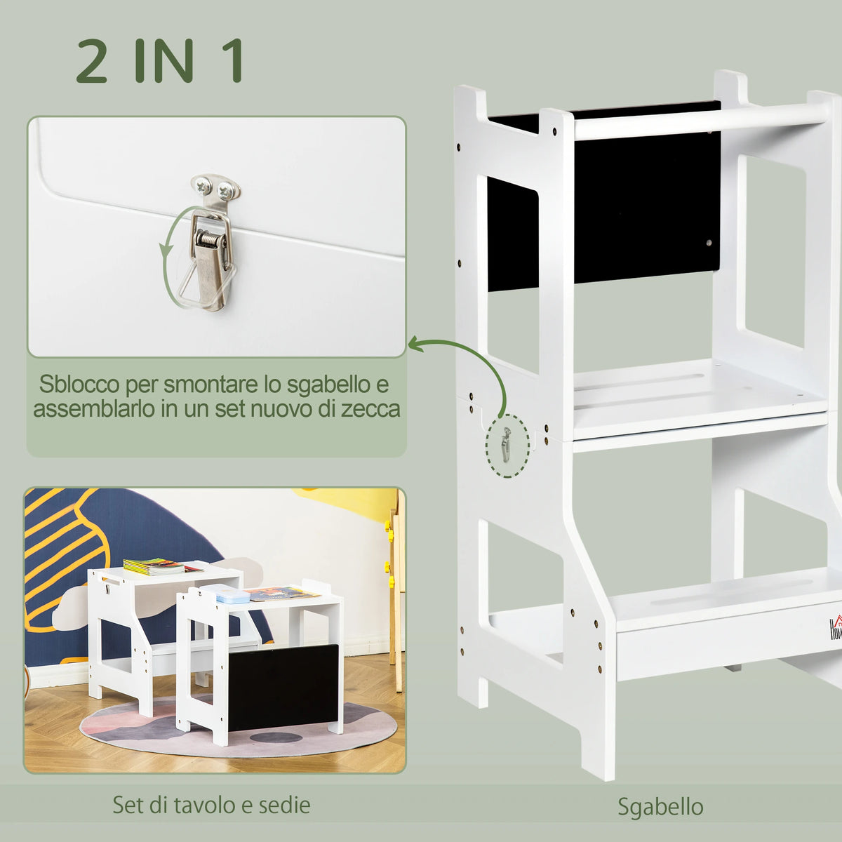 Scala Montessori 2 in 1 con Sgabello e Lavagna