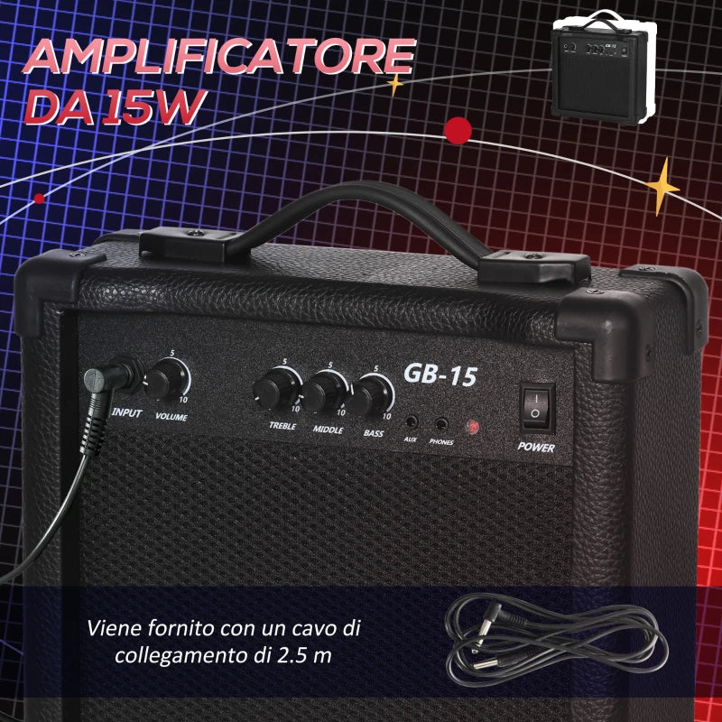 Basso Elettrico 4 Corde con Amplificatore 15W e Accessori Blu Scuro
