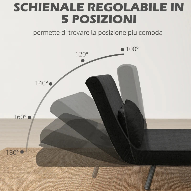 Divano Letto 3 in 1 in Tessuto Effetto Velluto con Schienale Regolabile Nero