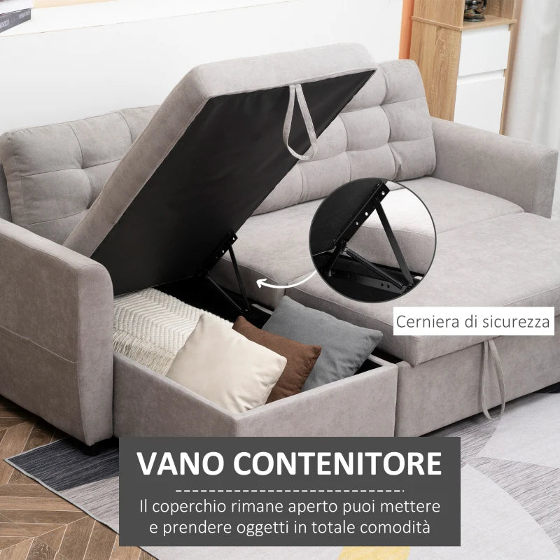 Divano Letto Angolare 3 Posti con Chaise Longue Contenitore in Tessuto Effetto Lino Grigio