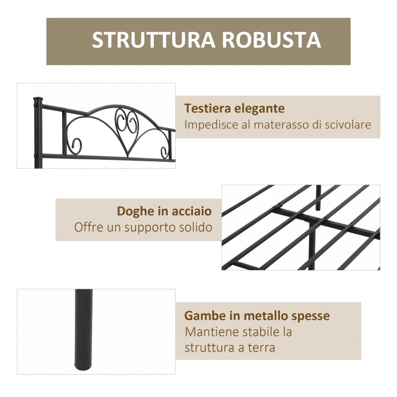 Struttura Letto Una Piazza e Mezza 140x200 cm in Acciaio con Testiera e Doghe