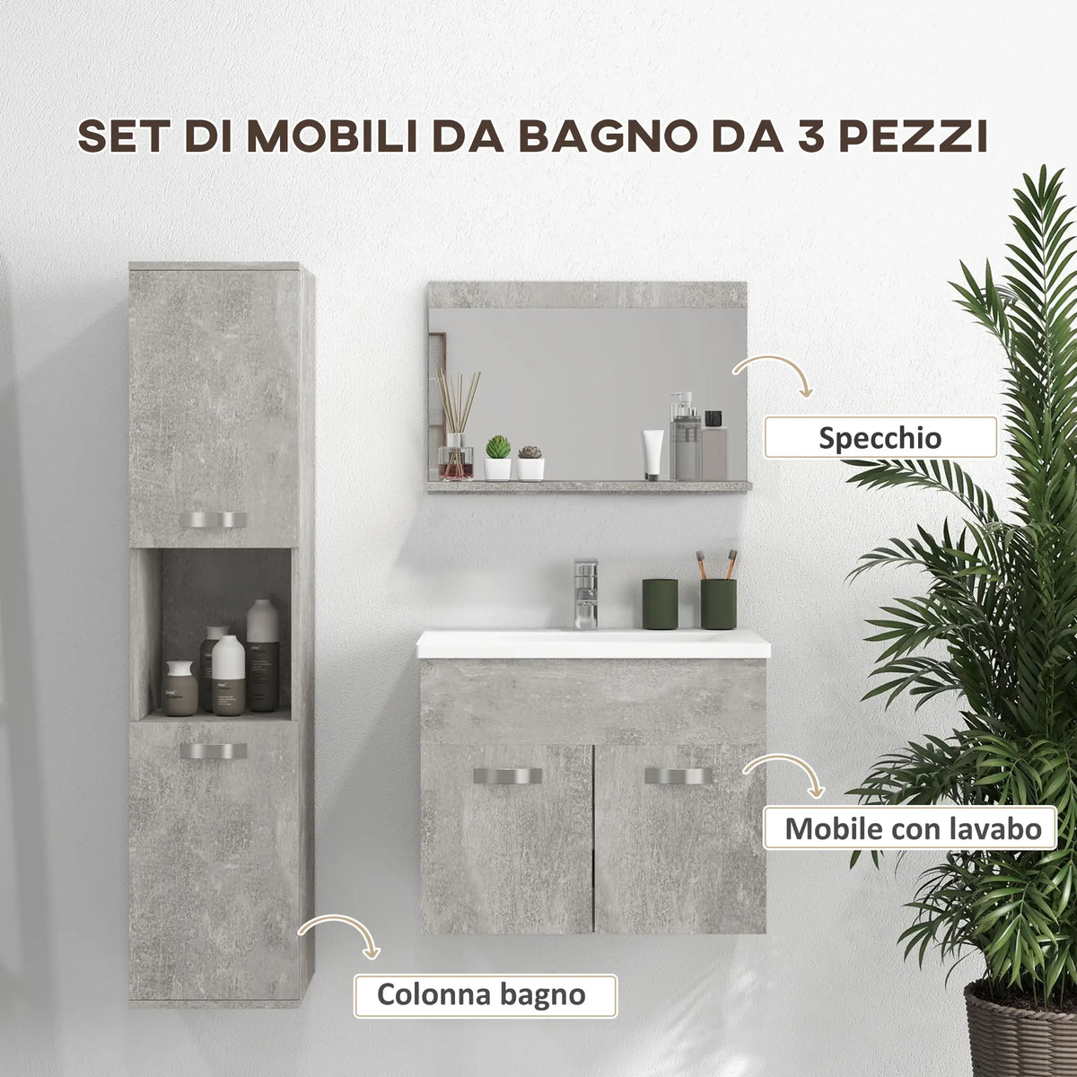 Set Mobile Bagno Grigio con Lavabo e Specchio 60 cm