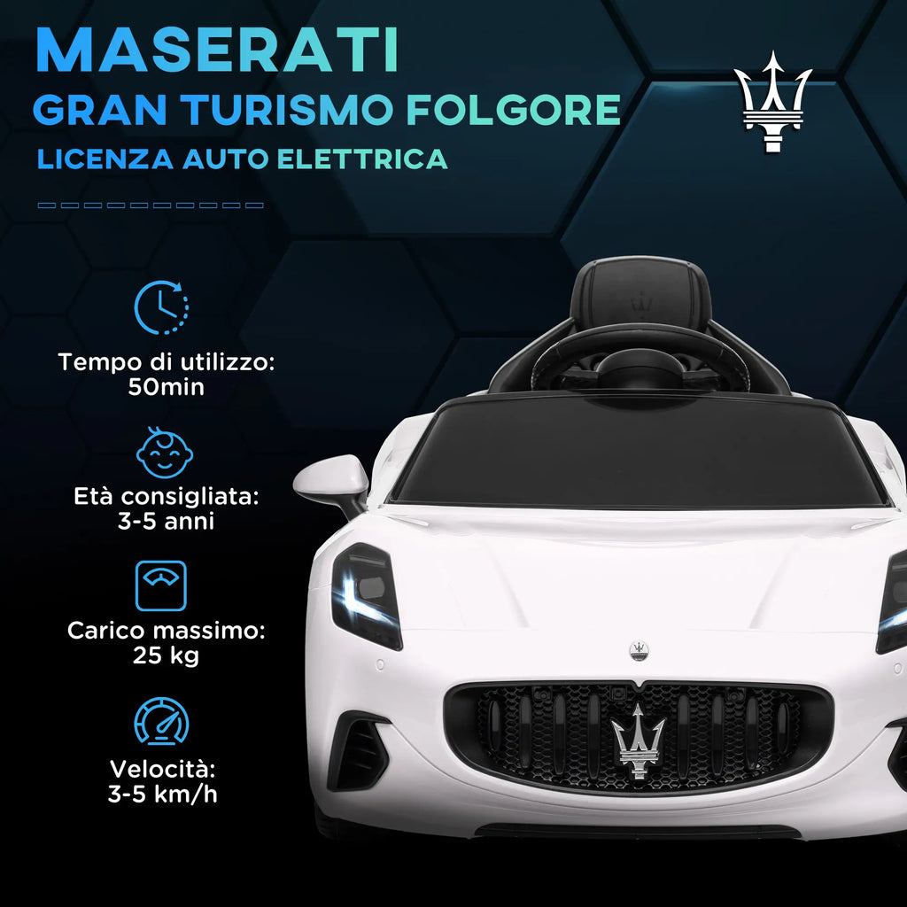 Auto Elettrica per Bambini Maserati GranTurismo Folgore 12V con Telecomando, Luci LED e Musica – Bianca