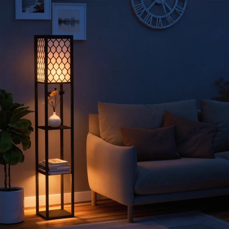 Lampada da Terra Moderna con Libreria a 3 Livelli 26 x 26 x 160 cm