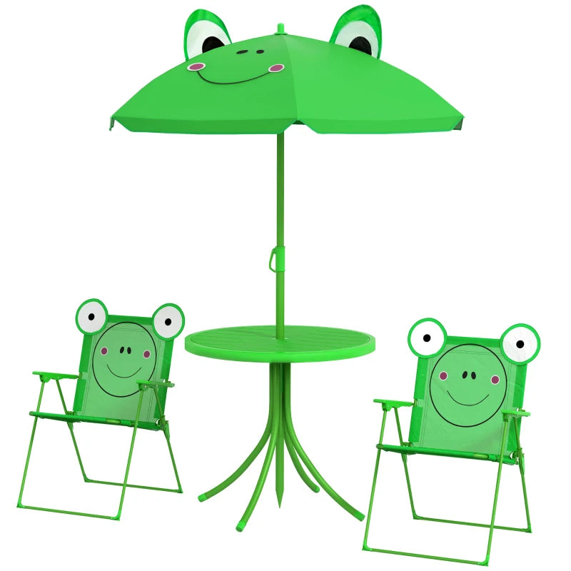 Set Tavolo da Giardino per Bambini con 2 Sedie Pieghevoli e Ombrellone Verde