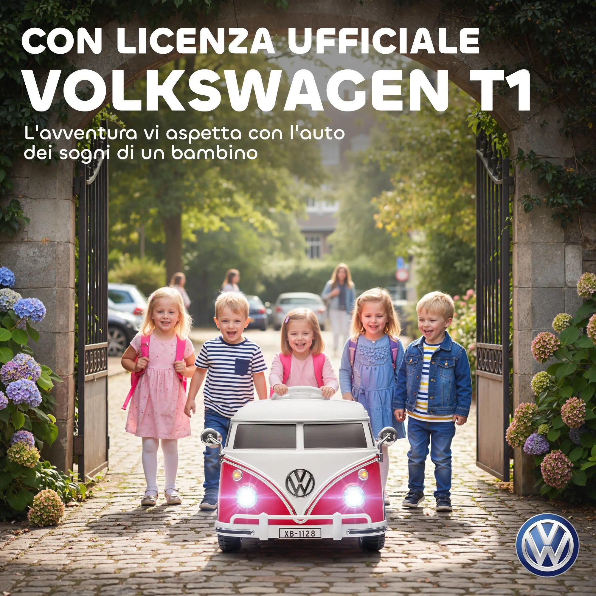Auto Elettrica Volkswagen T1 per Bambini 6V con Telecomando, Luci LED e Musica