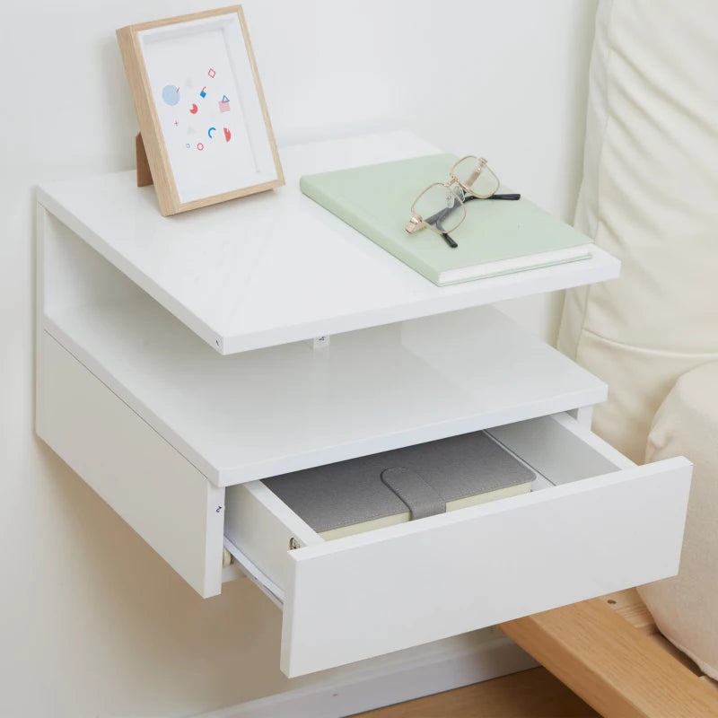 Set 2 Comodini Sospesi Bianchi con Cassetto e Mensola