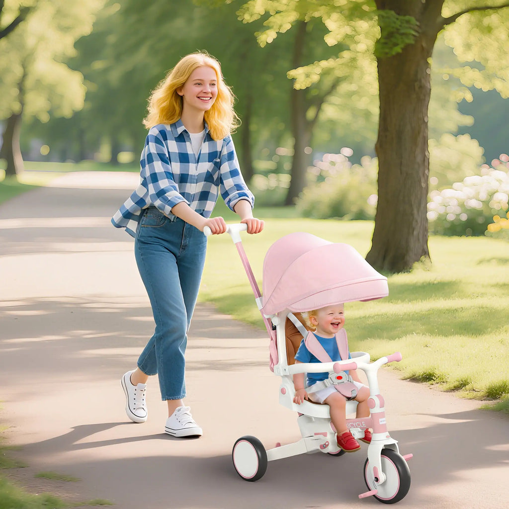 Triciclo 5 in 1 per Bambini con Maniglione di Spinta, Tettuccio Parasole e Seduta Regolabile