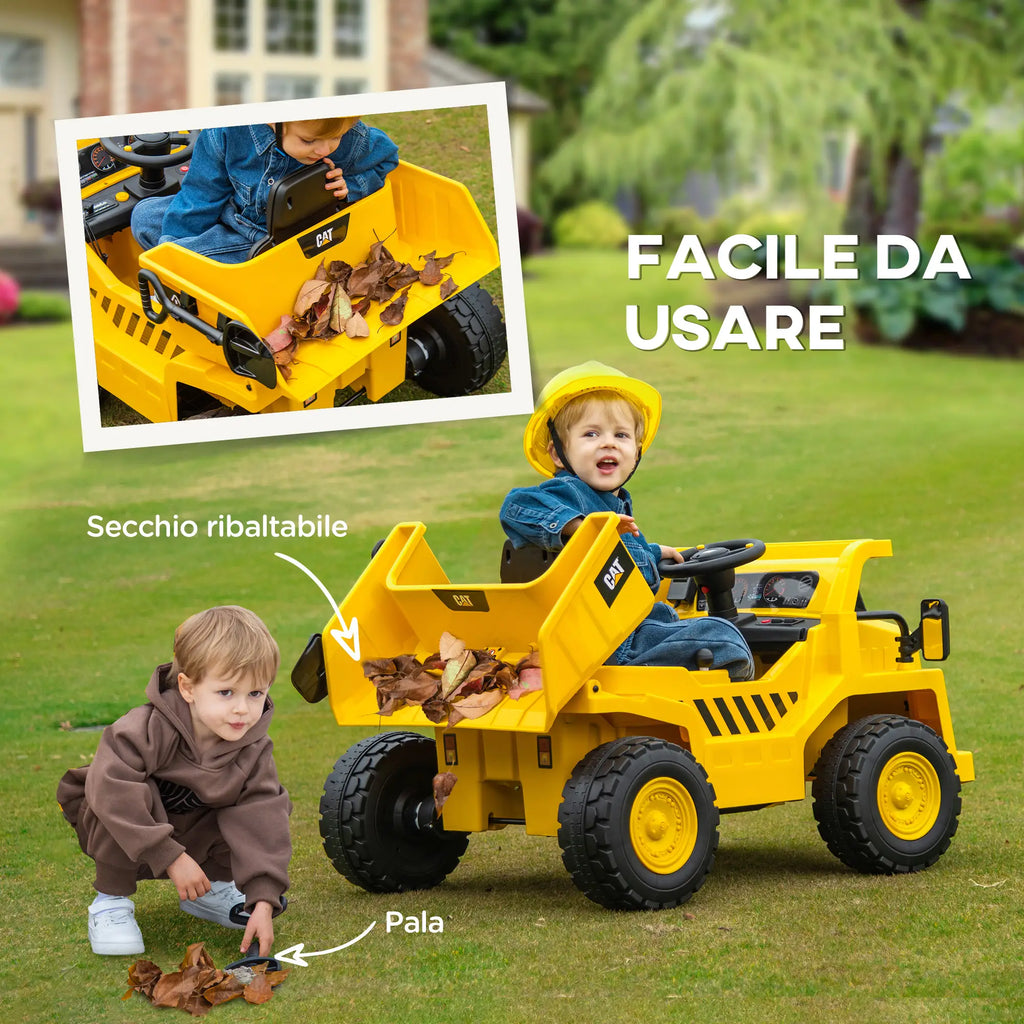 Camion Elettrico Caterpillar 12V per Bambini con Telecomando, Benna, Pala, Luci LED e Musica