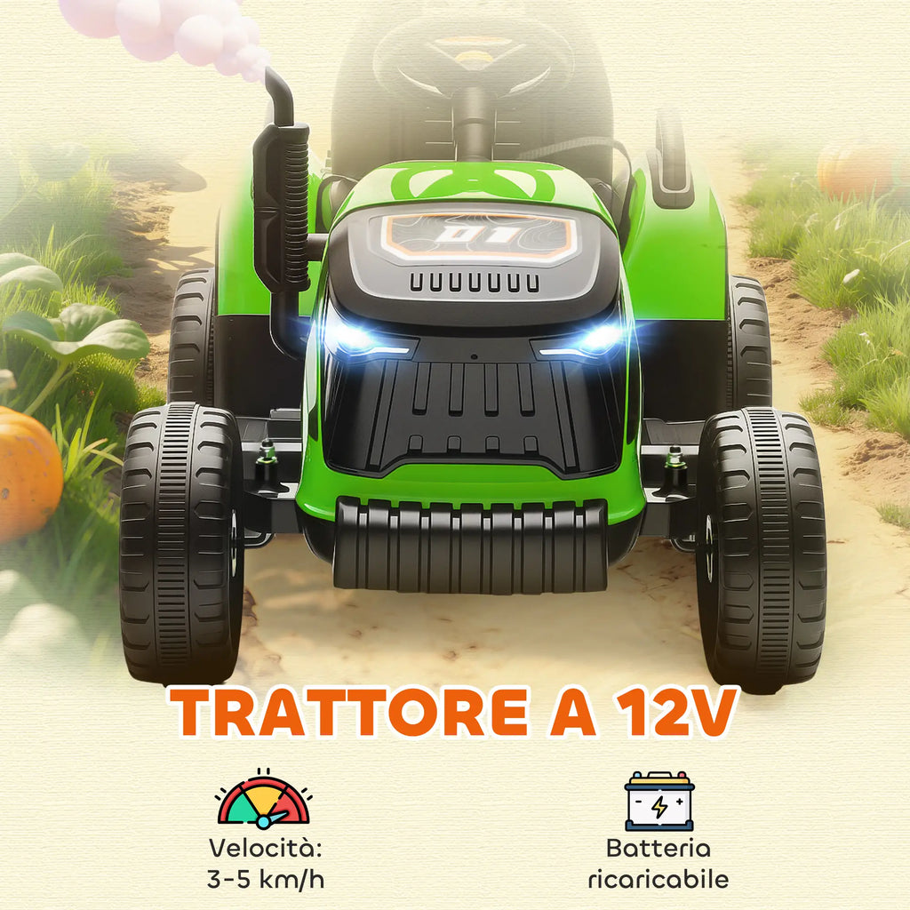 Trattore Elettrico 12V per Bambini con Rimorchio Rimovibile, Telecomando, Luci LED e Musica