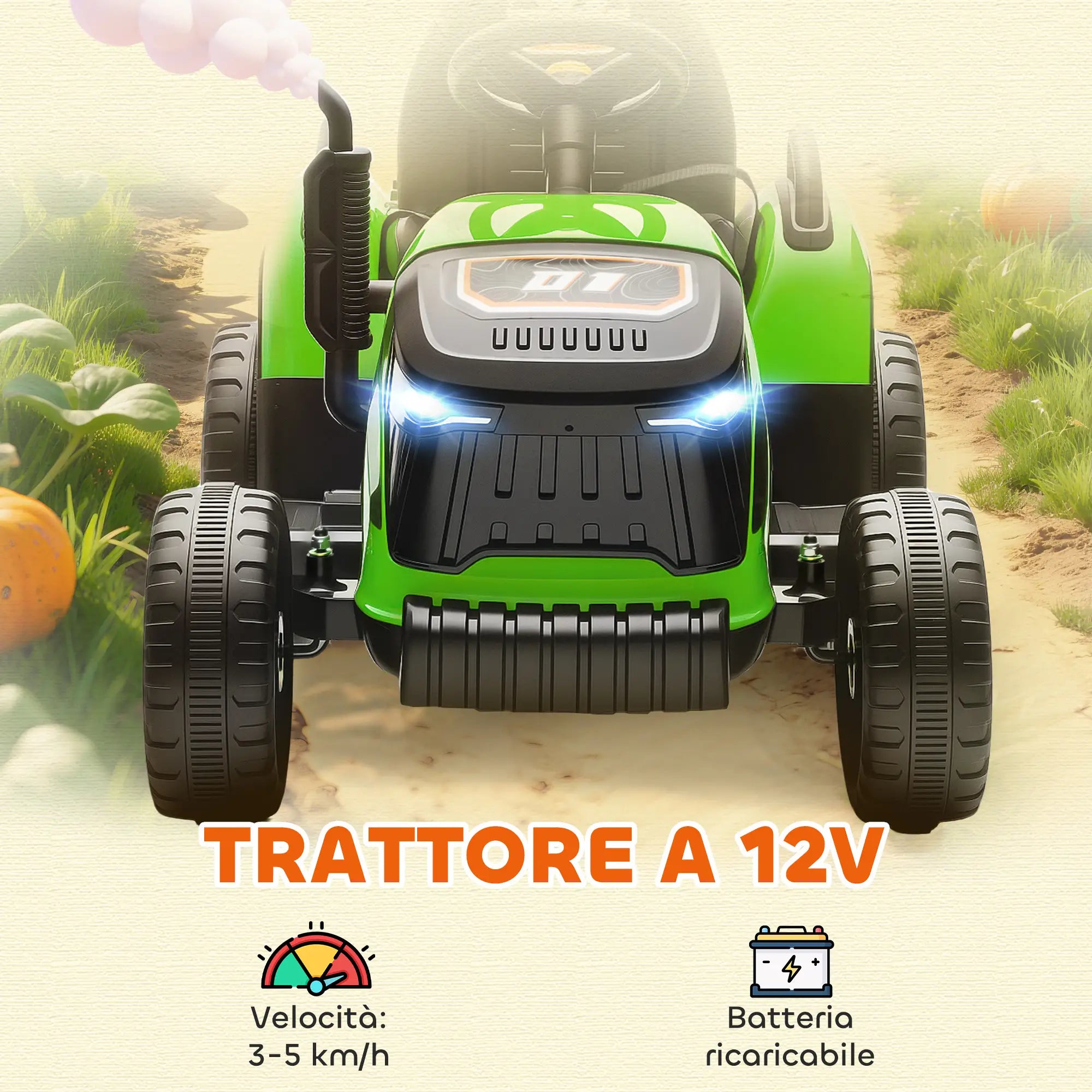 Trattore Elettrico 12V per Bambini con Rimorchio Rimovibile, Telecomando, Luci LED e Musica