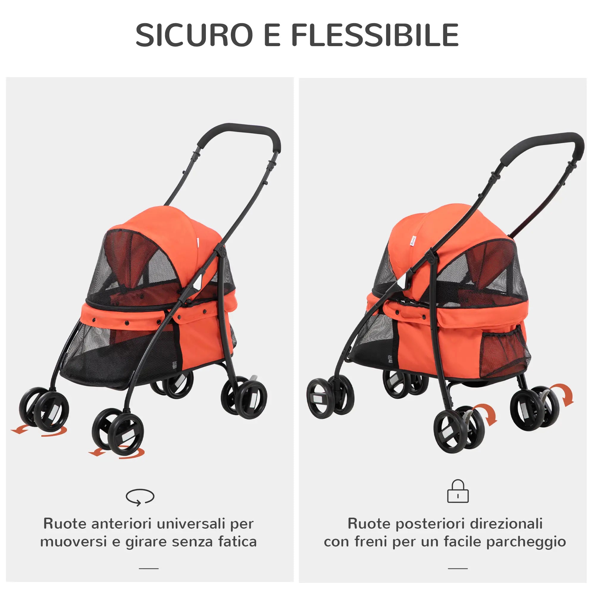 Passeggino Pieghevole per Cani con Tettuccio Regolabile, Borsa Portaoggetti e due Guinzagli