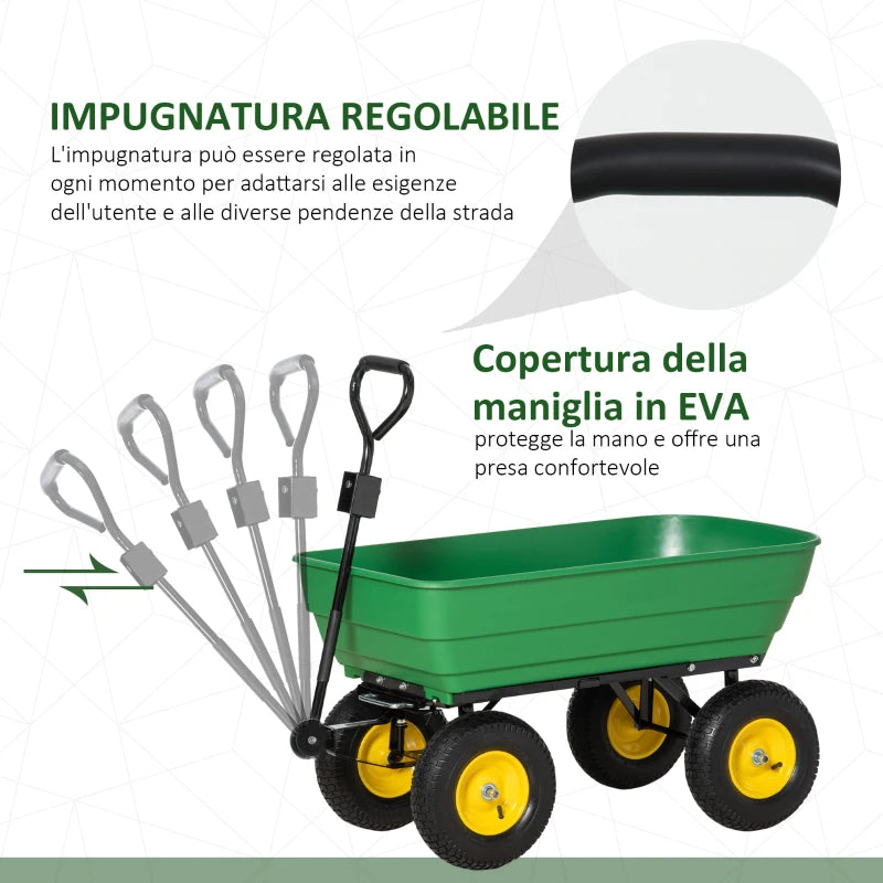 Carrello da Giardino Ribaltabile 125 L con 4 Ruote e Maniglia Regolabile