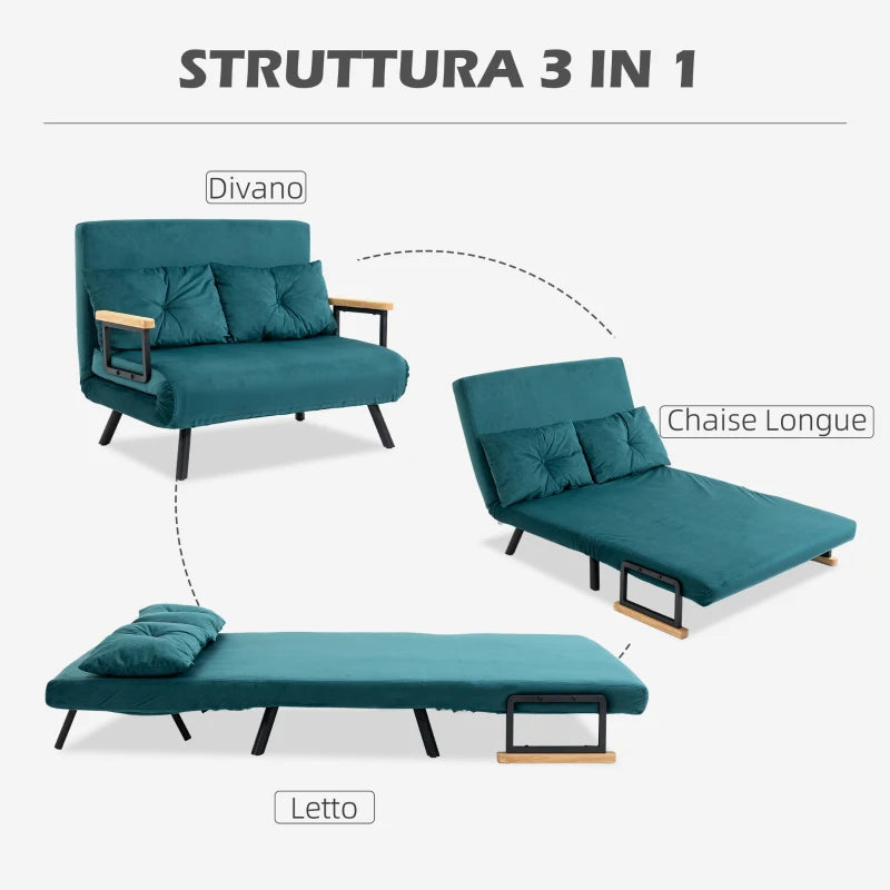 Divano Letto Matrimoniale 3 in 1 in Tessuto Effetto Velluto Verde con Schienale Regolabile