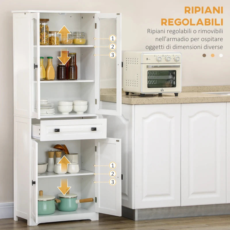 Credenza Alta da Cucina con Ante in Vetro, 2 Armadietti, Cassetto e Ripiani Regolabili
