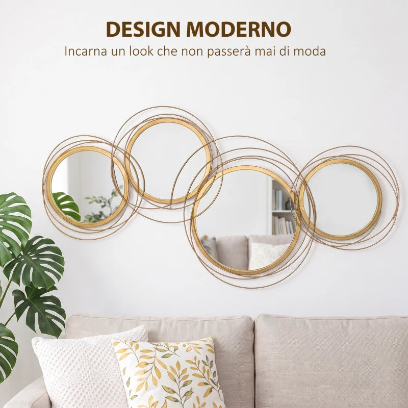 Decorazione Murale 3D in Metallo con Cerchi e Specchi Oro