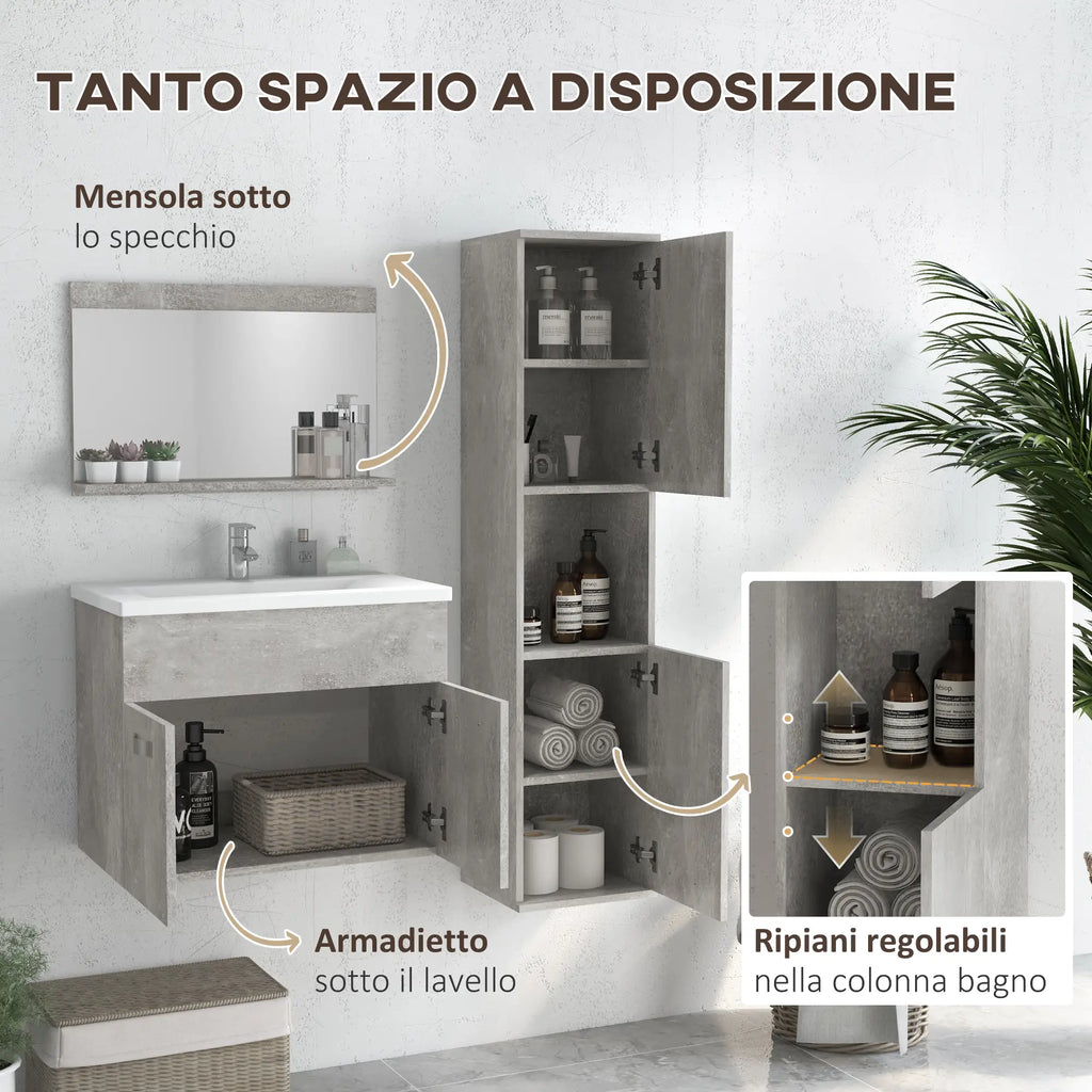 Set Mobile Bagno Grigio con Lavabo e Specchio 60 cm