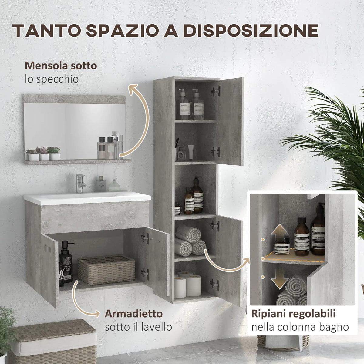 Set Mobile Bagno Grigio con Lavabo e Specchio 60 cm