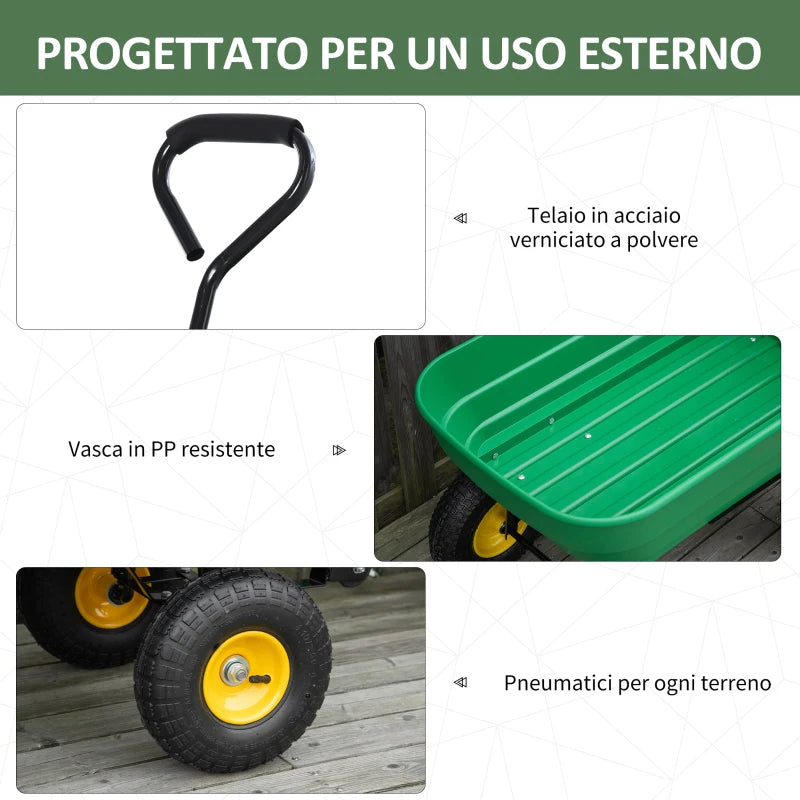 Carrello da Giardino Ribaltabile 125 L con 4 Ruote e Maniglia Regolabile