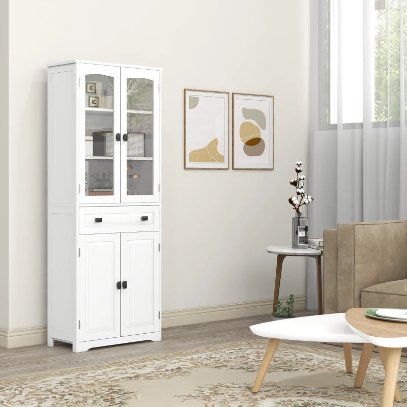 Credenza Alta da Cucina con Ante in Vetro, 2 Armadietti, Cassetto e Ripiani Regolabili