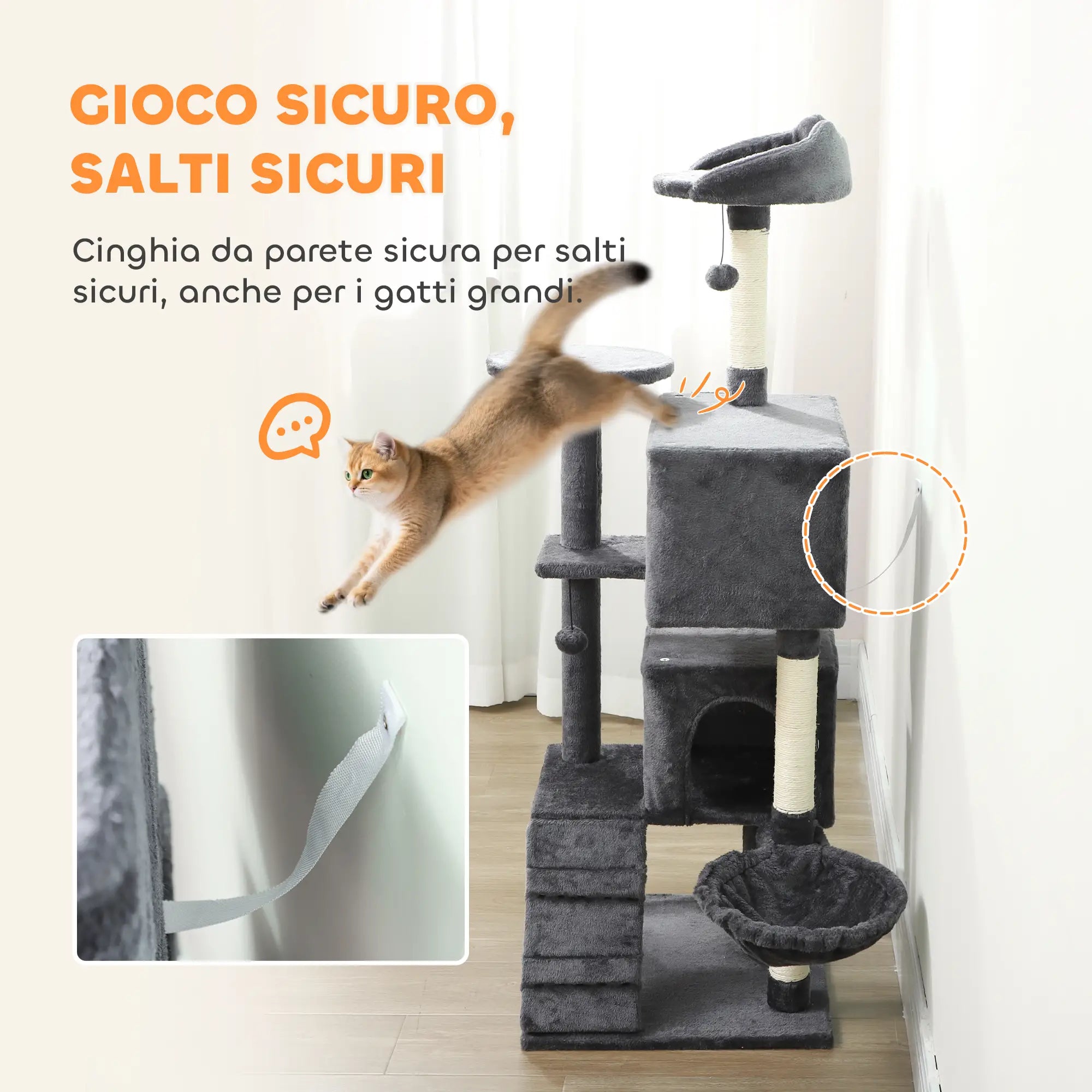 Albero Tiragraffi per Gatti con 2 Casette, Lettino, Amaca e Rivestimento in Peluche Grigio