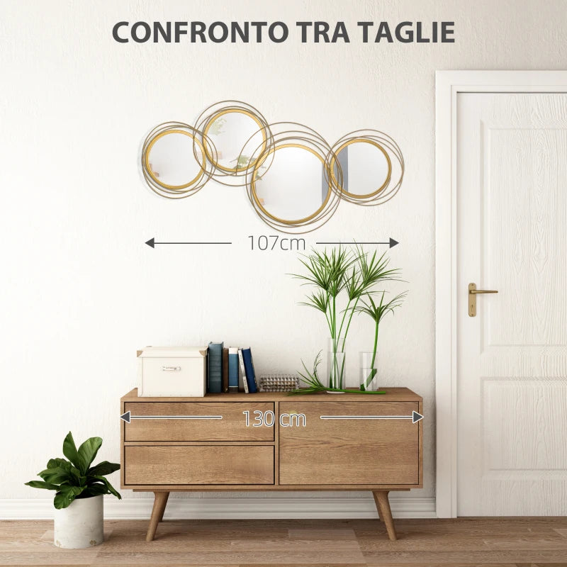 Decorazione Murale 3D in Metallo con Cerchi e Specchi Oro