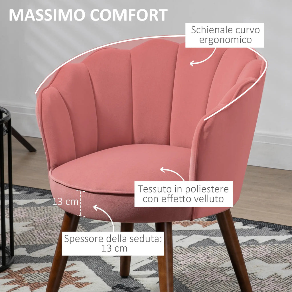 Poltrona Rosa in Velluto con Schienale a Conchiglia